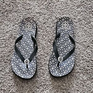 Tory Burch Black and Gray Logo Flip Flops